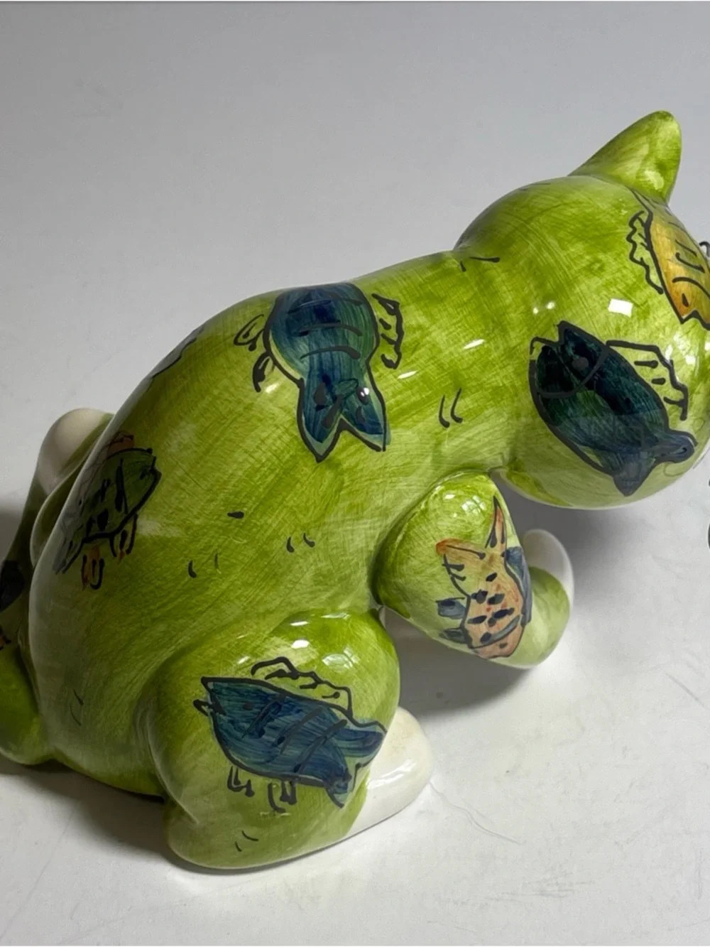 DEI Dennis East Intl Whimsical Cat, Green With Fish Pattern and Wire Whiskers - Picture 7 of 10